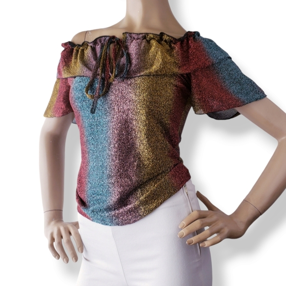 Gold, Red & Green Metallic Striped Off Shoulder Ruffle Blouse by Route 3 - Picture 3 of 8